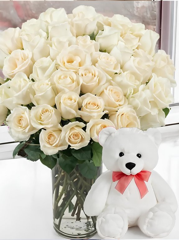 40 Tane Beyaz Gül ve Ayıcık